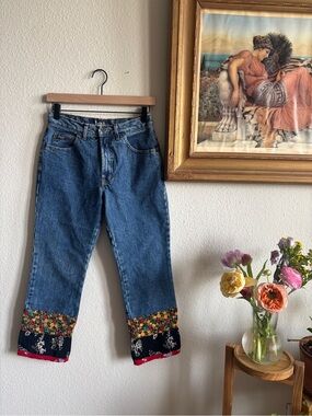 lei Blue Straight Leg Jeans with Floral Hem
